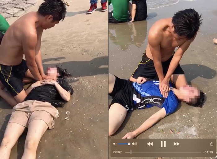 Hình ảnh Trung uý Thái Ngô Hiếu cứu sống nhiều nạn nhân bị đuối nước (ảnh cắt từ cliup