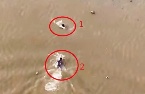 Hình ảnh anh Chính (số 2) nhảy từ cầu Thịnh Long ở độ cao 30 mét xuống sông Ninh Cơ để cứu nữ sinh đang chới với giữa dòng nước (số 1)