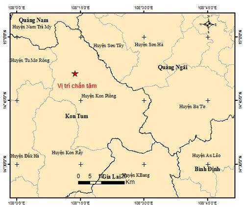 Vị tr&iacute; t&acirc;m chấn nơi xảy ra li&ecirc;n tiếp c&aacute;c trận động đất tại huyện Kon Pl&ocirc;ng (Kon Tum)