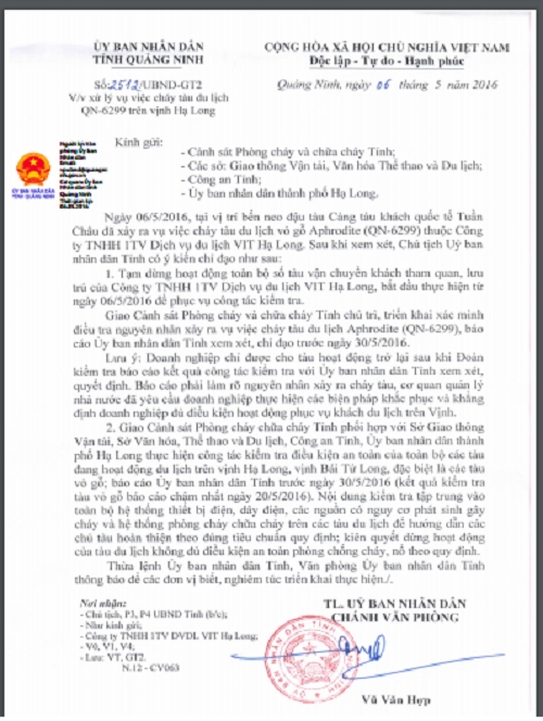 Văn bản của L&atilde;nh đạo UBND tỉnh Quảng Ninh chỉ đạo xử l&yacute; vụ việc.