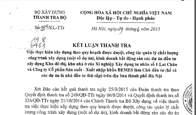 Kết luận Thanh tra được Bộ X&acirc;y dựng ban h&agrave;nh ng&agrave;y 29/6/2015, nhưng b&agrave; Nguyễn Thị Hương, Trưởng Ph&ograve;ng th&ocirc;ng tin truyền th&ocirc;ng lại cho rằng: