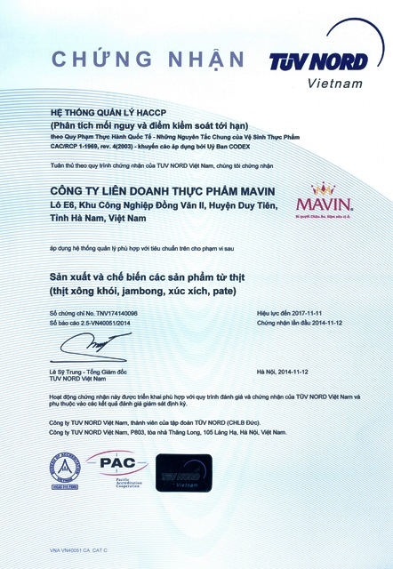Mavin đ&atilde; được cấp chứng chỉ ISO 9001-2005, ISO 22000 v&agrave; HACCP.