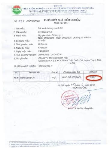 Mẫu kết quả kiểm định bị ph&aacute;t t&aacute;n cho thấy sản phẩm của URC Việt Nam bị nhiễm ch&igrave;.
