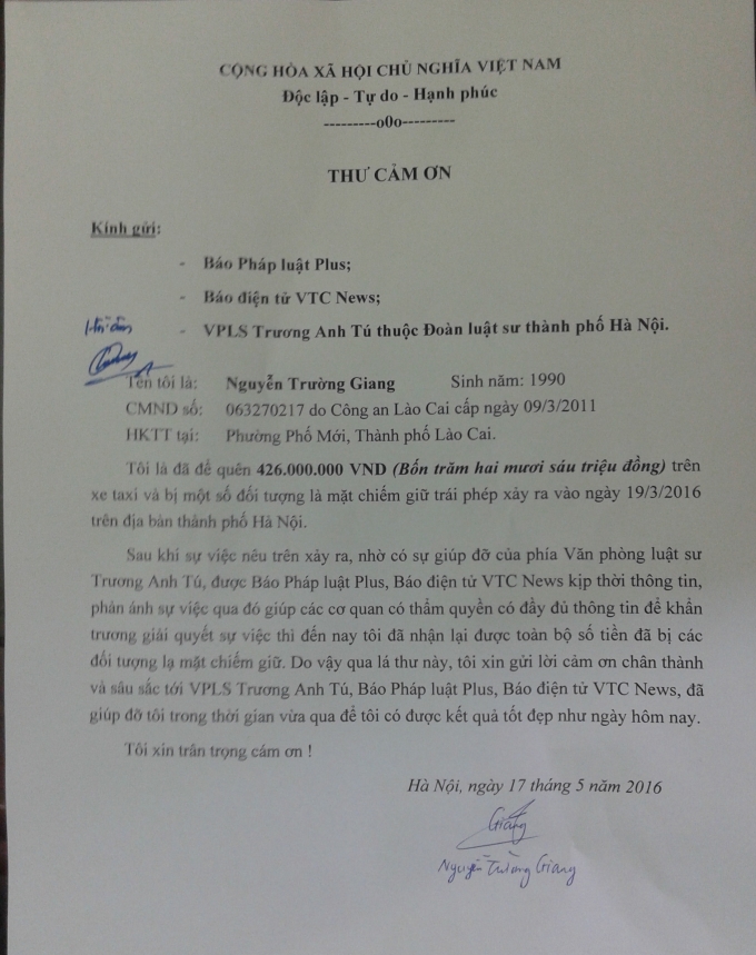 Thư cảm ơn của anh Nguyễn Trường Giang gửi đến Ph&aacute;p luật Plus (B&aacute;o Ph&aacute;p Luật Việt Nam).