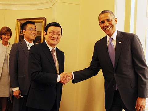 Chủ tịch nước Trương Tấn Sang hội đ&agrave;m với Tổng thống Hoa Kỳ Barack Obama trong chuyến thăm ch&iacute;nh thức Hoa Kỳ ng&agrave;y 25/7/2013 (Ảnh: Nguyễn Khang - TTXVN).