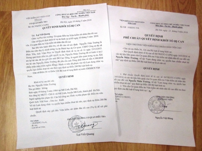 Quyết định khởi tố bị can đối với Nguyễn Nh&acirc;n Trường.