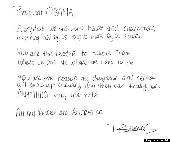 L&aacute; thư Beyonc&eacute; d&agrave;nh cho Tổng thống Obama.