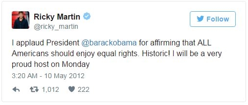 Ricky Martin khen ngợi Tổng thống Obama khi khẳng định mọi người Mỹ n&ecirc;n được hưởng quyền b&igrave;nh đẳng như nhau, v&agrave; cho rằng điều n&agrave;y mang dấu ấn lịch sử.