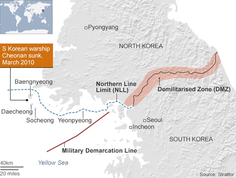 Đường ranh giới ph&iacute;a bắc l&agrave; hải giới tranh chấp giữa hai miền Triều Ti&ecirc;n ở Ho&agrave;ng Hải (Ảnh: Internet).