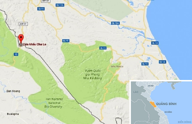 Cửa khẩu quốc tế Cha Lo (chấm đỏ), nơi 2 người L&agrave;o định tuồn ma t&uacute;y sang Việt Nam. Ảnh: Google Maps - Thi&ecirc;n Sơn.