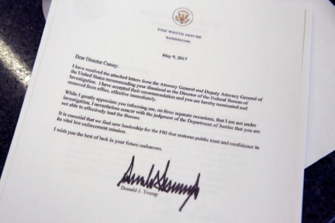 To&agrave;n văn bức thư Tổng thống Trump gửi &ocirc;ng Comey. (Ảnh: Reuters)