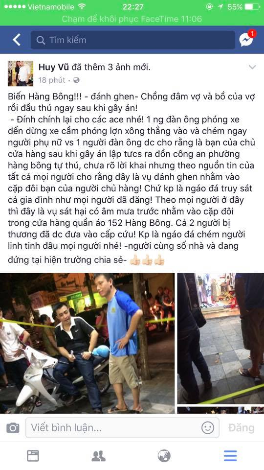 Facebook Huy Vũ chia sẻ th&ocirc;ng tin về vụ ch&eacute;m nhau ở&nbsp;152 H&agrave;ng B&ocirc;ng,Q Ho&agrave;n Kiếm, TP H&agrave; Nội.