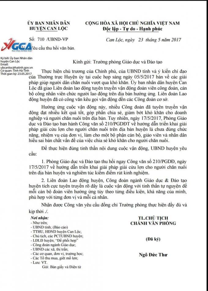 C&ocirc;ng văn thu hồi của UBND huyện Can Lộc.