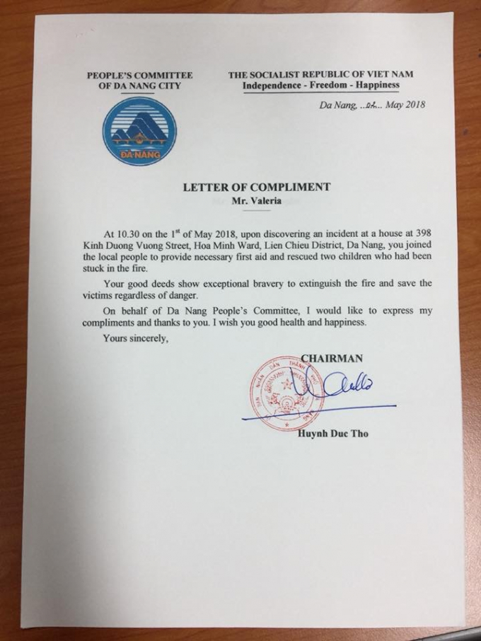 Một trong 2 bức thư do Chủ tịch TP Đ&agrave; Nẵng gửi cảm ơn 2 du kh&aacute;ch cứu người..