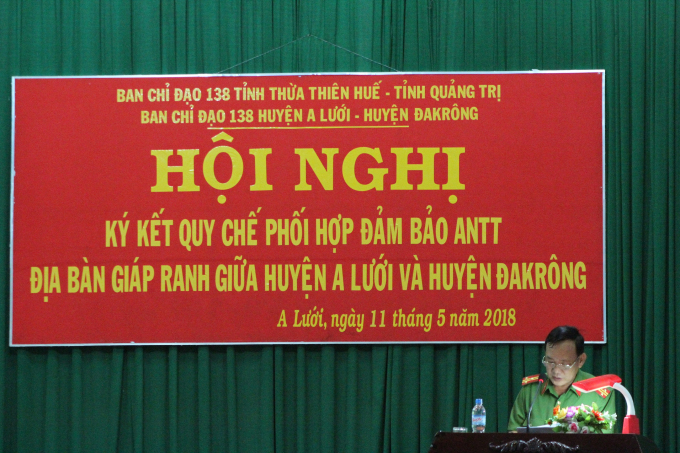 Thượng t&aacute; Phạm Quang Luận - Ph&oacute; trưởng C&ocirc;ng an huyện Đakr&ocirc;ng ph&aacute;t biểu tại Hội nghị.