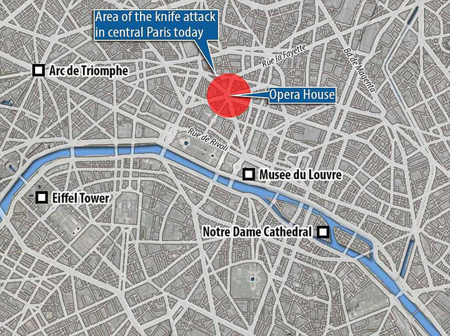 Bản đồ khu vực xảy ra vụ tấn c&ocirc;ng bằng dao tại Paris h&ocirc;m 12/5 (Ảnh: Dailymail)