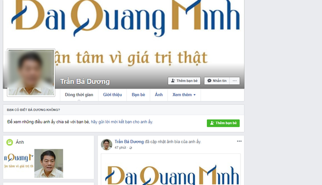 Một trang facebook giả mạo của doanh nh&acirc;n Trần B&aacute; Dương (ảnh do Trường Hải cung cấp)