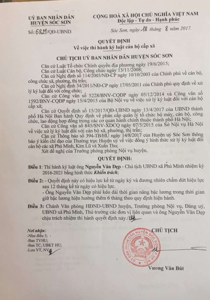 Quyết định thi h&agrave;nh kỷ luật &ocirc;ng Nguyễn Văn Dẹp.