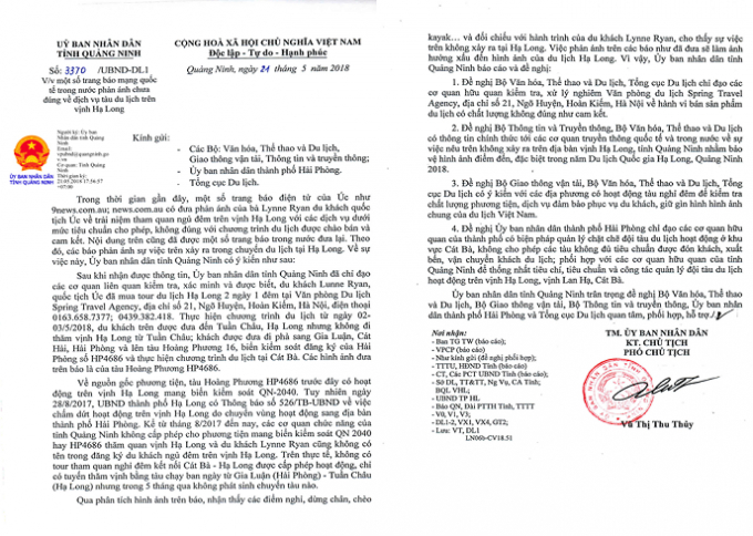 Văn bản của UBND tỉnh Quảng Ninh l&agrave;m r&otilde; nội dung th&ocirc;ng tin về sự việc.