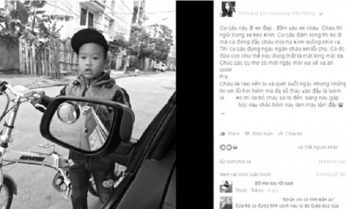 Sau khi xe đạp quẹt trúng ôtô, cậu bé 7 tuổi đã dừng lại, khoanh tay xin lỗi tài xế.
