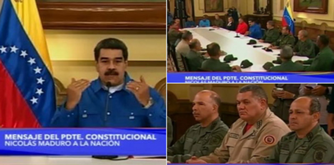 Xuất hiện trên truyền hình Venezuela bên cạnh Bộ trưởng Quốc phòng, Tổng thống Nicolas Maduro tuyên bố âm mưu đảo chính vừa xảy ra tại đất nước ông là một phần kế hoạch của Mỹ nhằm lật đổ chính quyền cách mạng Bolivar. Nguồn: Venezuela.