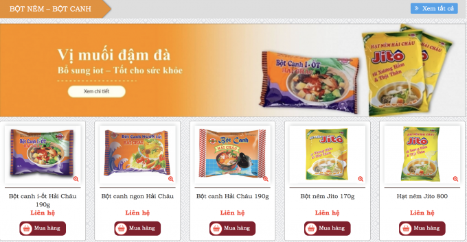 Trên trang web của Công ty cổ phần bánh kẹo Hải Châu, có giới thiệu khá nhiều loại Bột canh i-ốt Hải Châu. Ảnh chụp màn hình.