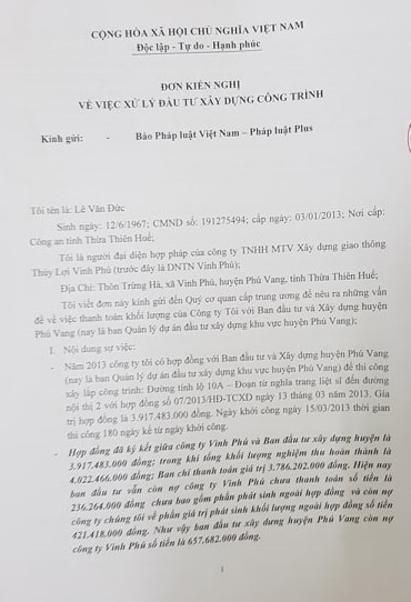 Đơn kiến nghị của Công ty TNHH MTV xây dựng Vinh Phú gửi Báo Pháp luật Việt.