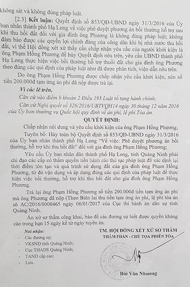 TAND tỉnh Quảng Ninh đã tuyên một bản án công tâm, bảo vệ người dân yếu thế, khẳng định UBND TP Hạ Long ra các quyết định trái pháp luật.