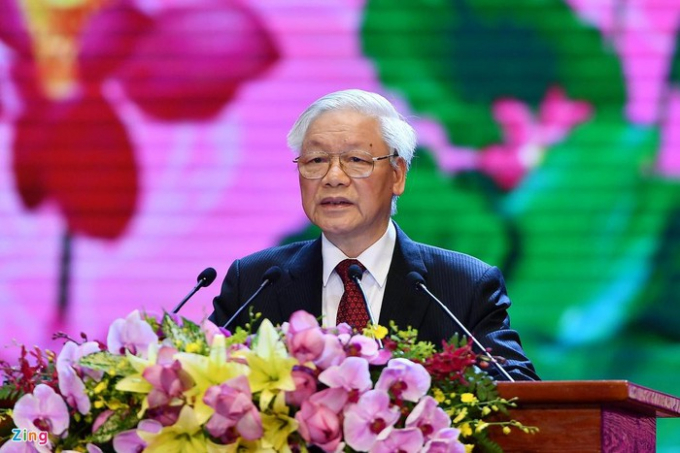 Tổng bí thư, Chủ tịch nước Nguyễn Phú Trọng phát biểu tại Lễ kỷ niệm 130 năm ngày sinh Chủ tịch Hồ Chí Minh. Ảnh: Hoàng Hà.