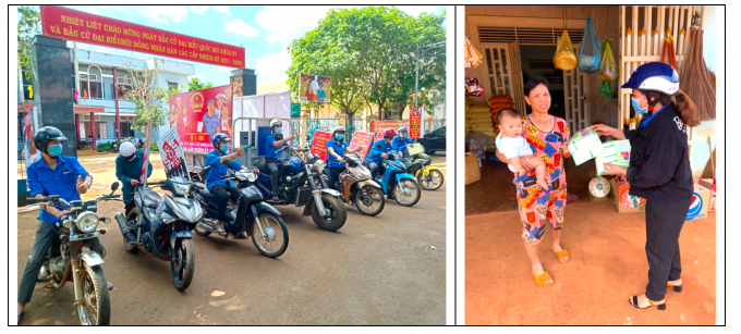 ĐVTN huyện Bù Đăng, tỉnh Bình Phước ra quân, “đi từng ngõ, gõ cửa từng nhà” để phát tờ rơi, tuyên truyền về bầu cử và phòng chống dịch cho người dân địa phương
