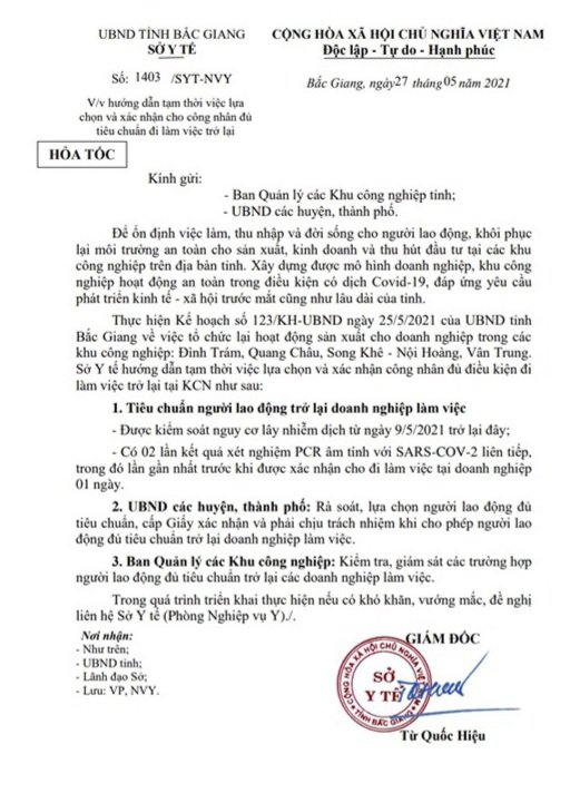 Văn bản 1403/SYT-NVY 27/5/2021 của Sở Y tế tỉnh Bắc Giang về việc hướng dẫn tạm thời việc lựa chọn và xác nhận cho công nhân đủ tiêu chuẩn đi làm việc trở lại và các quy định liên quan.