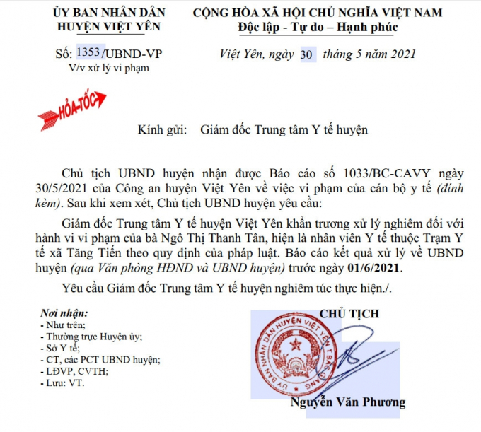 Công văn hỏa tốc của huyện Việt Yên yêu cầu xử lý nghiêm hành vi vi phạm của nhân viên Y tế.