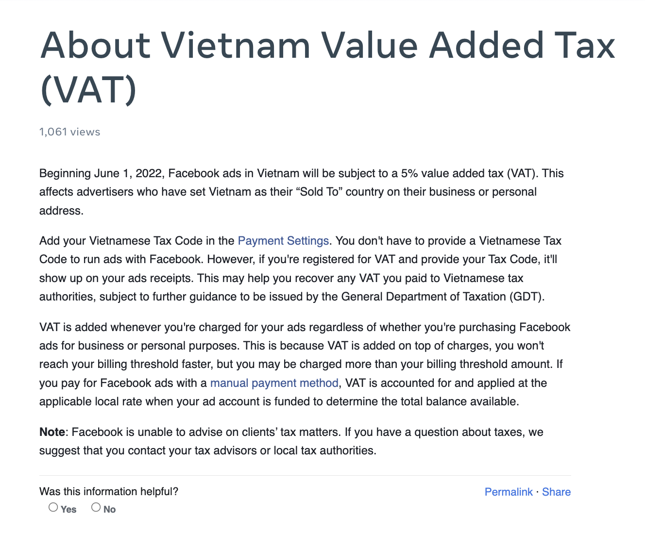 Thông báo của Facebook về việc thu thuế (Ảnh chụp màn hình).