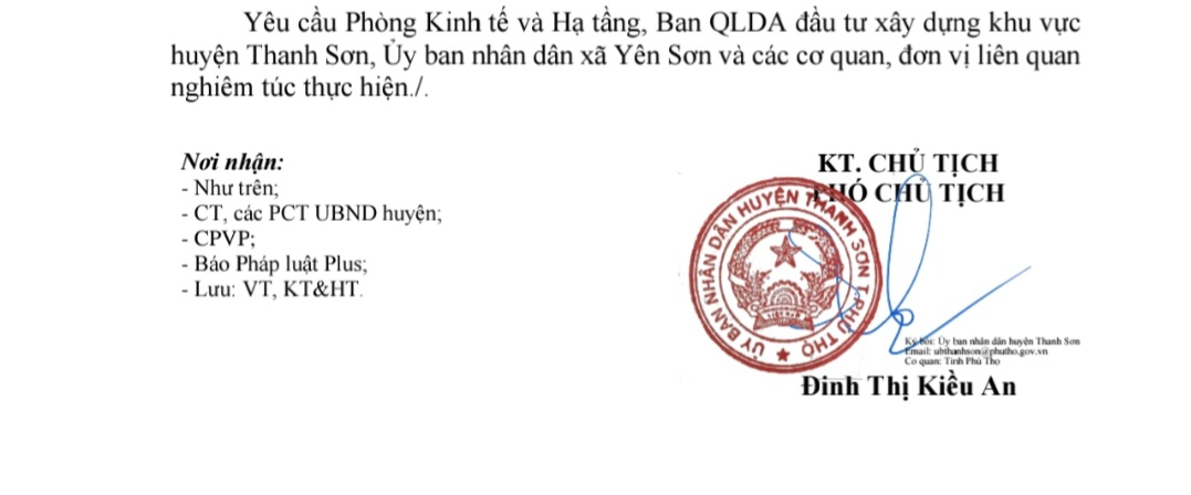 Công văn chỉ đạo của UBND huyện Thanh Sơn do bà Đinh Thị Kiều An, Phó chủ tịch UBND huyện ký giao nhiệm vụ cho các phòng ban chuyên môn ngay sau khi Báo Pháp luật Việt Nam phản ánh.