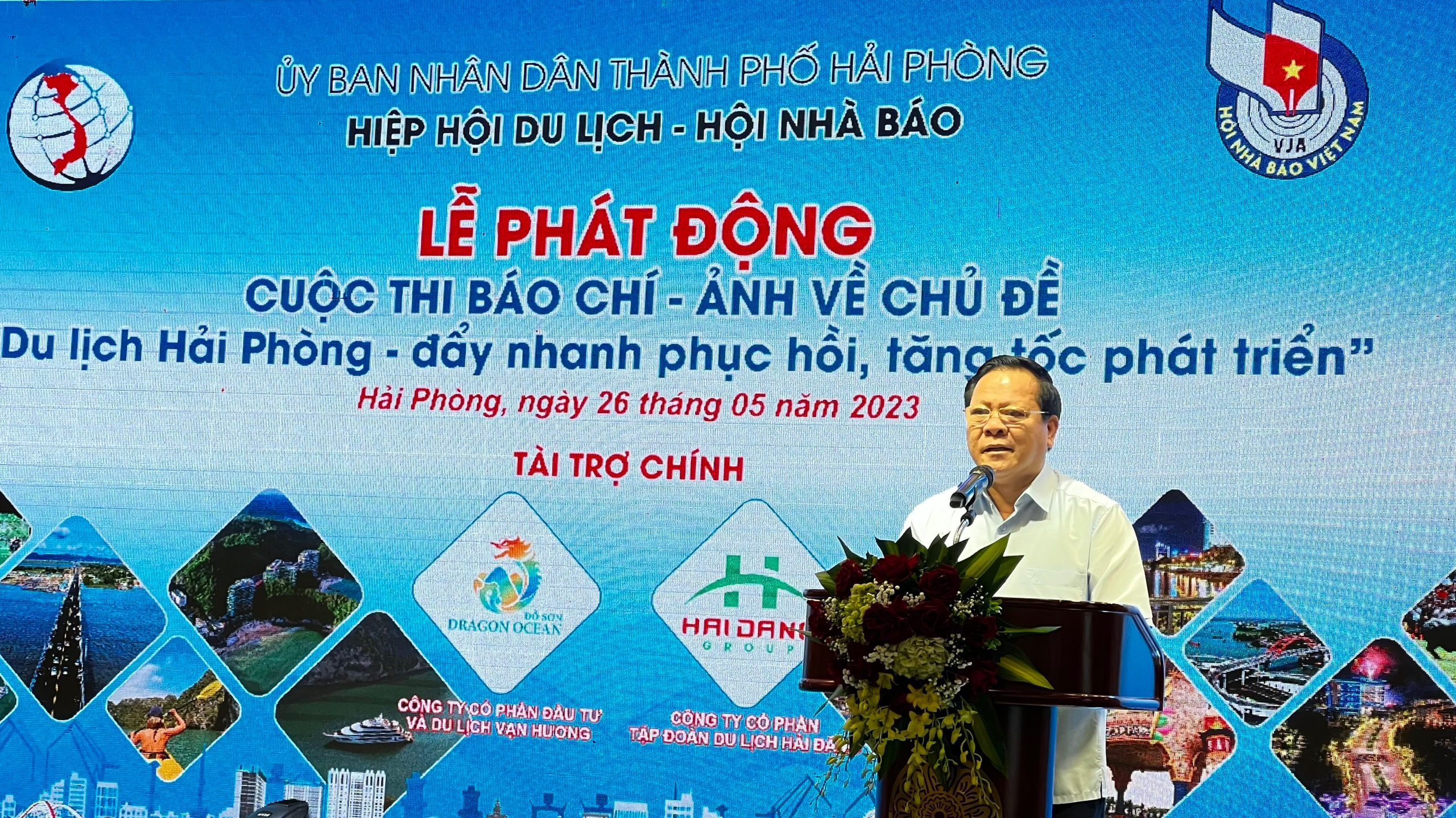 Ông Mai Xuân Thắng Chủ tịch Hiệp hội Du lịch Hải Phòng phát biểu tại lễ phát động.
