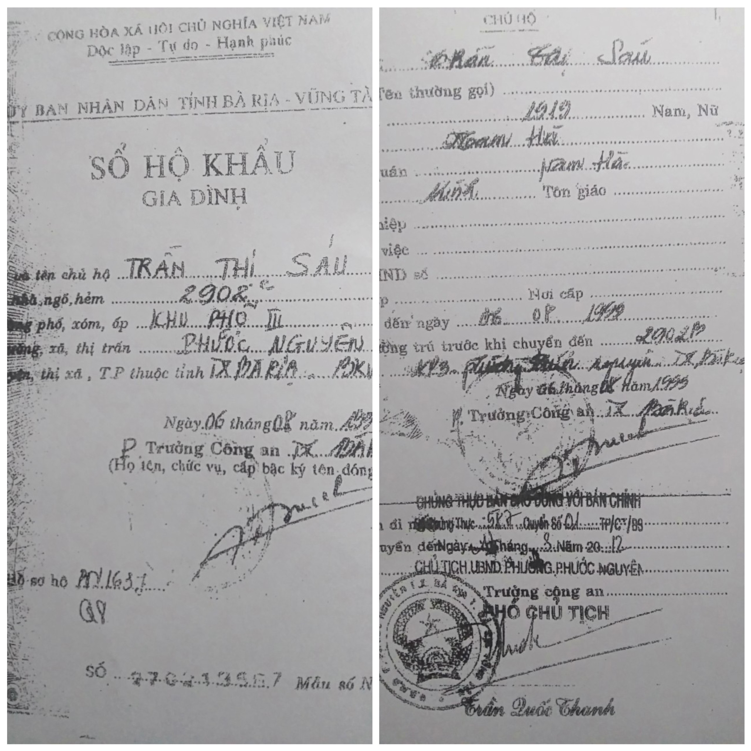 Sổ hộ khẩu của bà Trần Thị Sáu (sau khi bà mất ông Đằng đã đem nộp cho tư pháp phường).