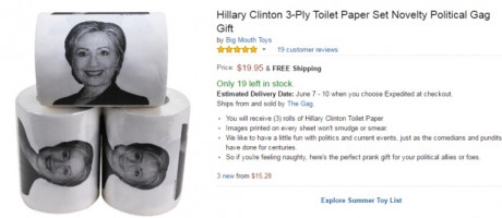 Quảng c&aacute;o sản phẩm giấy vệ sinh in h&igrave;nh b&agrave; Clinton tr&ecirc;n trang Amazon.com.