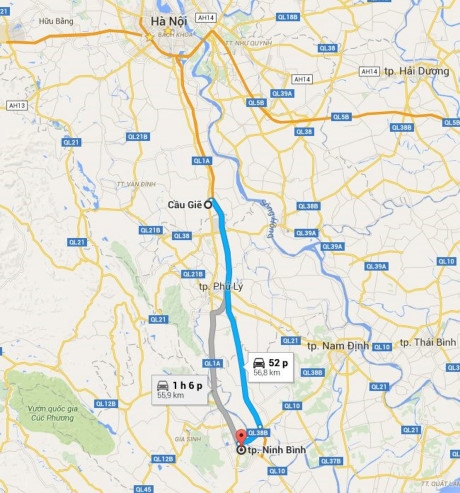 To&agrave;n tuyến cao tốc Cầu Giẽ - Ninh B&igrave;nh d&agrave;i 50 km. Trong đ&oacute;, đoạn m&agrave;u xanh l&agrave; vị tr&iacute; thu ph&iacute;. (Ảnh Google map).