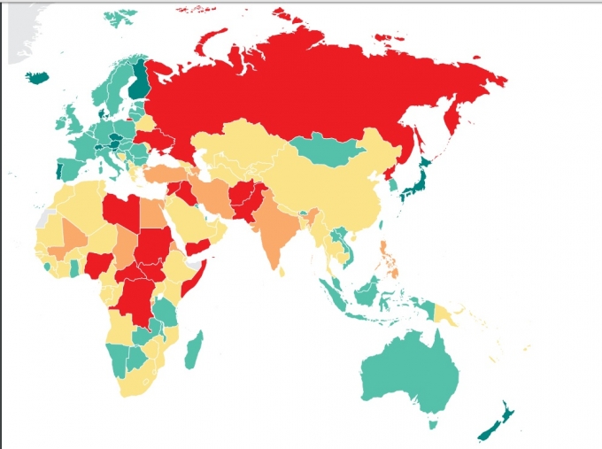 Bản đồ về sự y&ecirc;n b&igrave;nh tr&ecirc;n thế giới: M&agrave;u đỏ l&agrave; k&eacute;m y&ecirc;n b&igrave;nh nhất, m&agrave;u xanh đậm l&agrave; y&ecirc;n b&igrave;nh nhất. (Ảnh: Global Peace Index 2016)