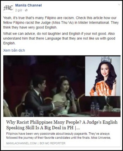 Trang tin Manila Channel của Philippines l&ecirc;n tiếng b&ecirc;nh vực Hoa hậu Thu Vũ. Ảnh: Malina Chanel.