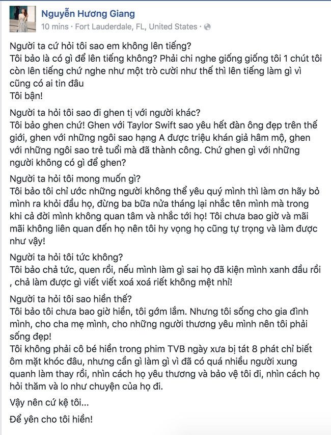 Nguy&ecirc;n văn d&ograve;ng trạng th&aacute;i của Hương Giang Idol.