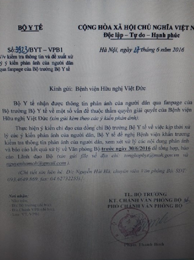 C&ocirc;ng văn đề nghị của Bộ trưởng Bộ Y tế gửi Bệnh viện Việt Đức khẩn trương kiểm tra, xử l&yacute; nội dung phản &aacute;nh.