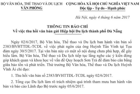 Vụ thu hồi văn bản ở Bộ VHTT&DL: Ông Huỳnh Tấn Vinh có thể khởi kiện yêu cầu bồi thường?