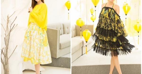 Hoa hậu Mỹ Linh, Á hậu Lệ Hằng đọ sắc với hoạ tiết hoa tử đằng, mimosa vàng rực