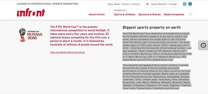 Trang web của Infront Sports &amp;amp;amp; Media c&oacute; n&ecirc;u t&ecirc;n Việt Nam l&agrave; một trong số c&aacute;c quốc gia v&agrave; v&ugrave;ng l&atilde;nh thổ c&oacute; bản quyền truyền h&igrave;nh cho World Cup 2018..