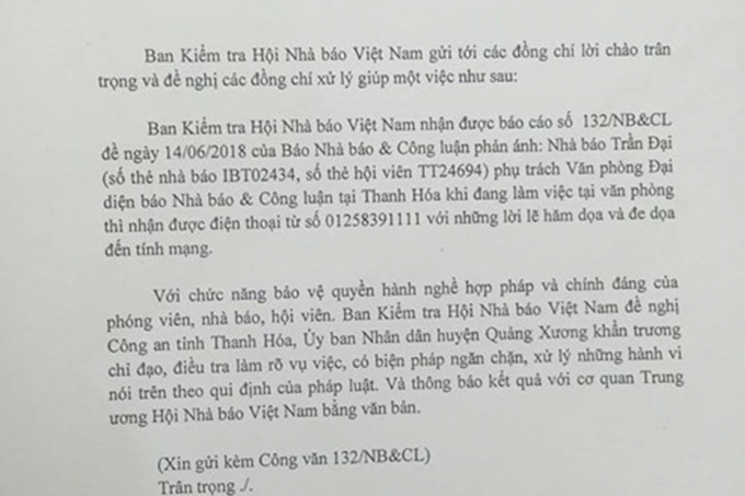 C&ocirc;ng văn của Ban Kiểm tra, Hội Nh&agrave; b&aacute;o Việt Nam. Ảnh: X.H