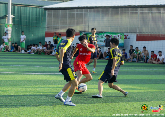 Cầu thủ FC Mần ( &aacute;o đỏ) giữa v&ograve;ng v&acirc;y của c&aacute;c cầu thủ&nbsp; FC T&acirc;n Kỳ (&aacute;o đen).