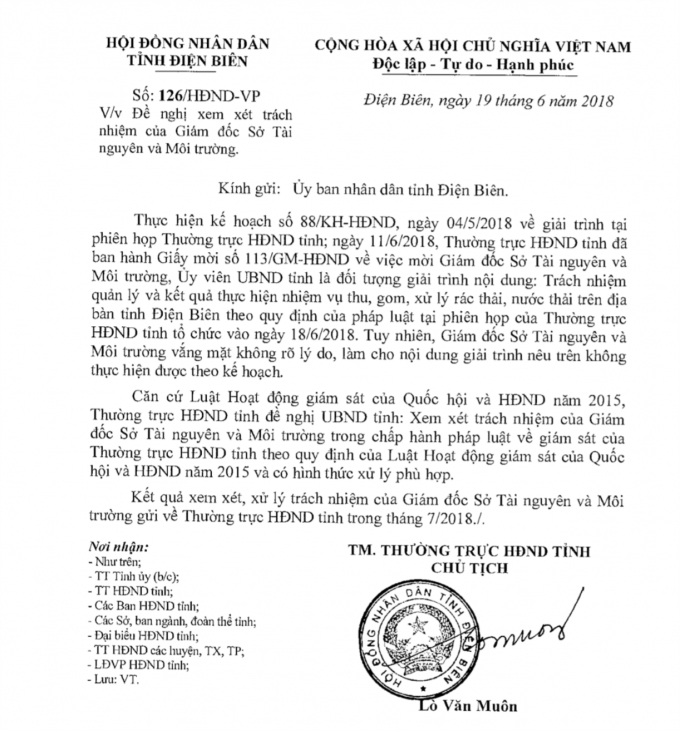 Văn bản của HĐND tỉnh Điện Bi&ecirc;n gửi tới UBND tỉnh Điện Bi&ecirc;n đề nghị xem x&eacute;t tr&aacute;ch nhiệm của Gi&aacute;m đốc Sở TNMT tỉnh.