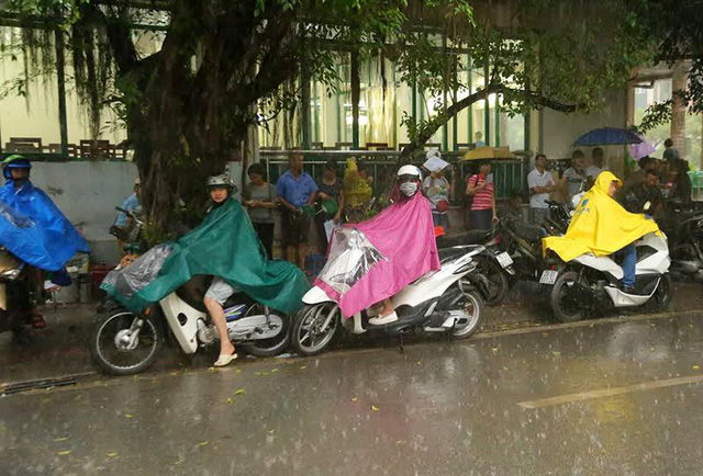 Phụ huynh tại H&agrave; Nội đứng trong mưa đợi con thi buổi cuối, kỳ thi THPT quốc gia 2018. (Ảnh: Mai Ch&acirc;m)