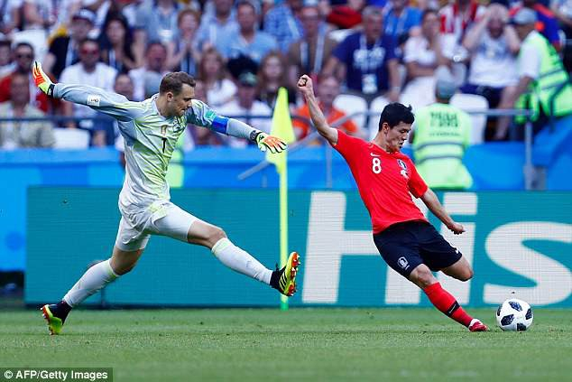 T&igrave;nh huống Neuer mắc sai lầm, dẫn đến b&agrave;n thua thứ 2 của Đức trước H&agrave;n Quốc. Ảnh: AFP/Getty&nbsp;